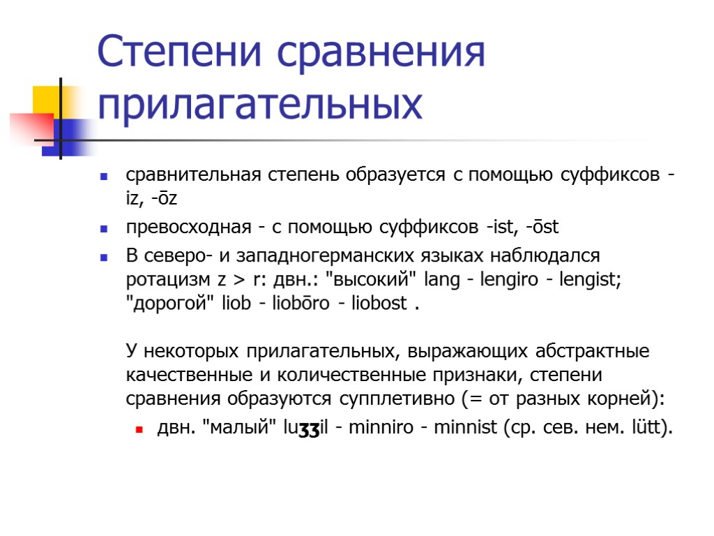 Степени сравнения прилагательных сравнительная степень образуется с помощью суффиксов -iz, -ōz превосходная - с